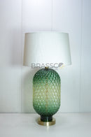 Brassco Green Cut Texture Glass Table Lamp with premium textured green glass base for luxury bedroom and modern interior lighting.