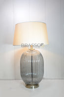 Brassco Smoky Lining Large Glass Table Lamp with premium smoky textured glass base and elegant fabric lampshade for luxury modern home décor.