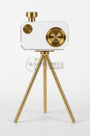 Crystal camera decor styled on a bookshelf in a contemporary study room.