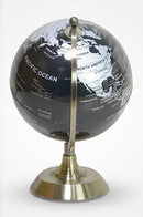 Eight-inch black and silver world globe accessory for contemporary office styling