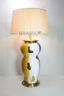Luxury royal blue ceramic table lamp with elegant brass accents and premium fabric lampshade by Brassco, 27.6-inch designer bedside and living room table lamp.