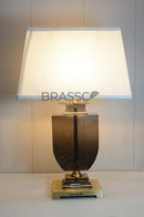 Modern XL square crystal table lamp with clear crystal glass design, luxury decorative lighting for living room, bedroom, side table, and contemporary home décor by Brassco.