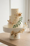 Off-white cake tray placed on a coffee table in a sophisticated living room setting.