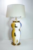 Premium blue pottery ceramic table lamp with fabric lampshade by Brassco, 29.5-inch luxury designer lamp for bedroom, living room, and office décor.