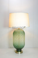 Shop Brassco Green Cut Texture Glass Table Lamp featuring premium green textured glass, elegant design, E27 LED compatibility, and warm ambient lighting for modern luxury interiors