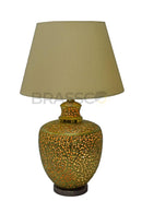 Brassco Carved Kashmiri Brass Table Lamp Pair with traditional carved brass design and elegant lampshade for luxury home décor.